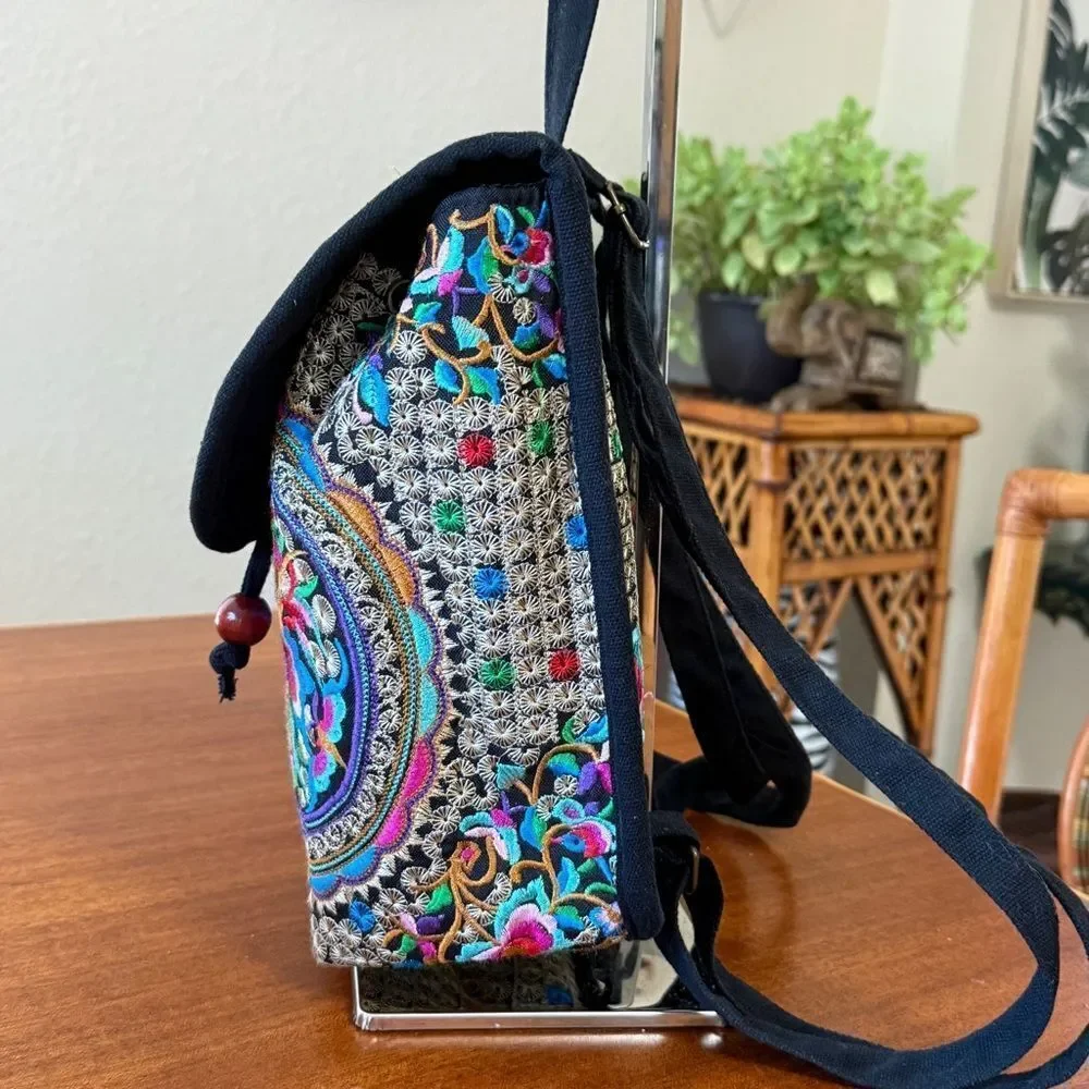 Canvas Multicolor Spanish Style Embroidered Backpack with Floral Embroidery